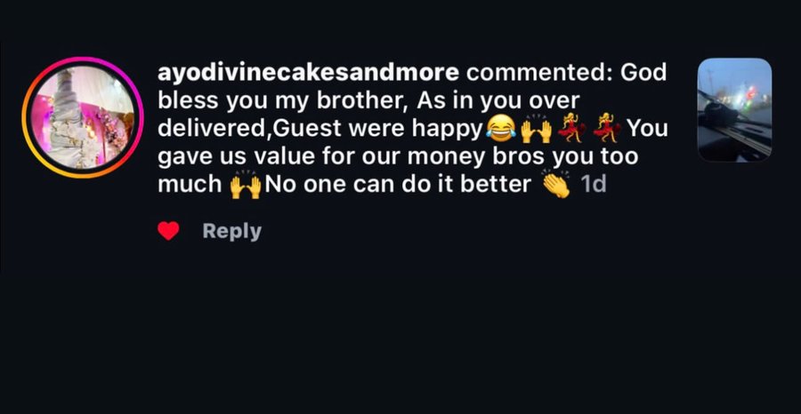 Instagram comment thanking FUNTREND for a wedding
